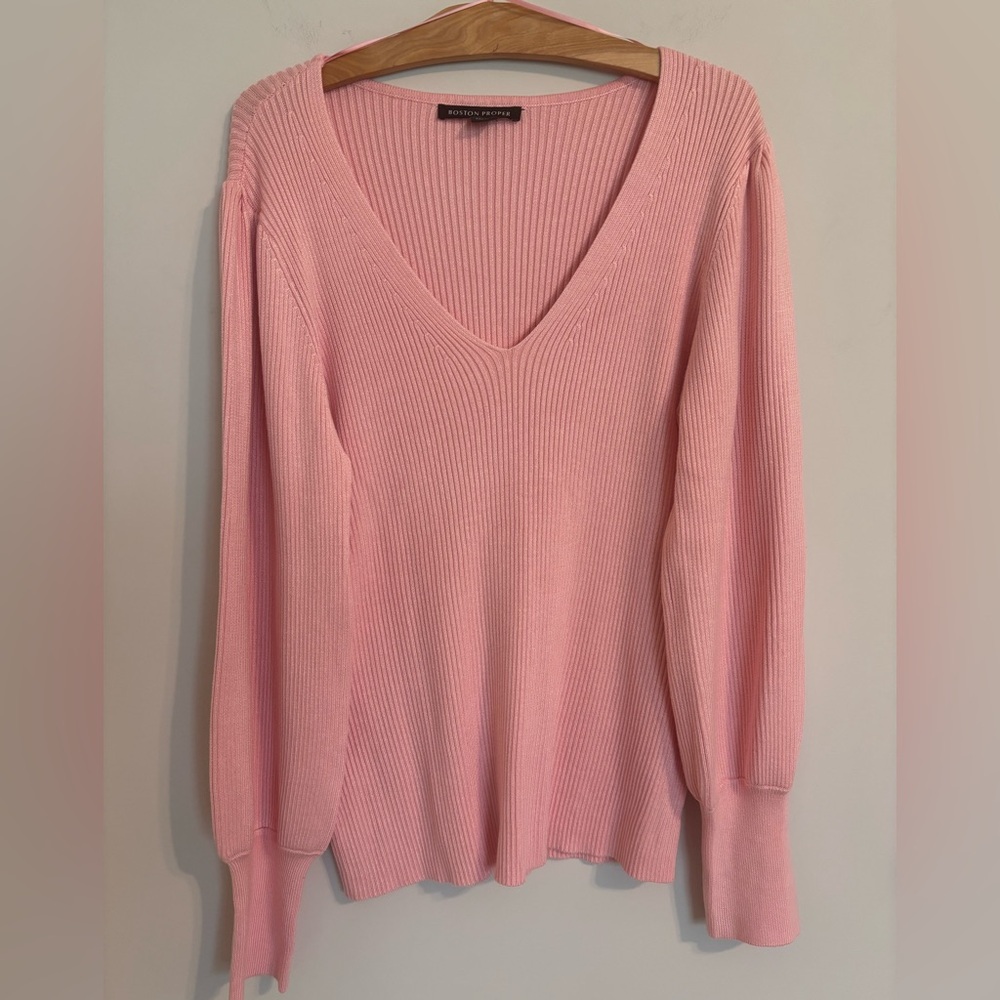 Boston Proper pink V-neck puff sleeve sweater